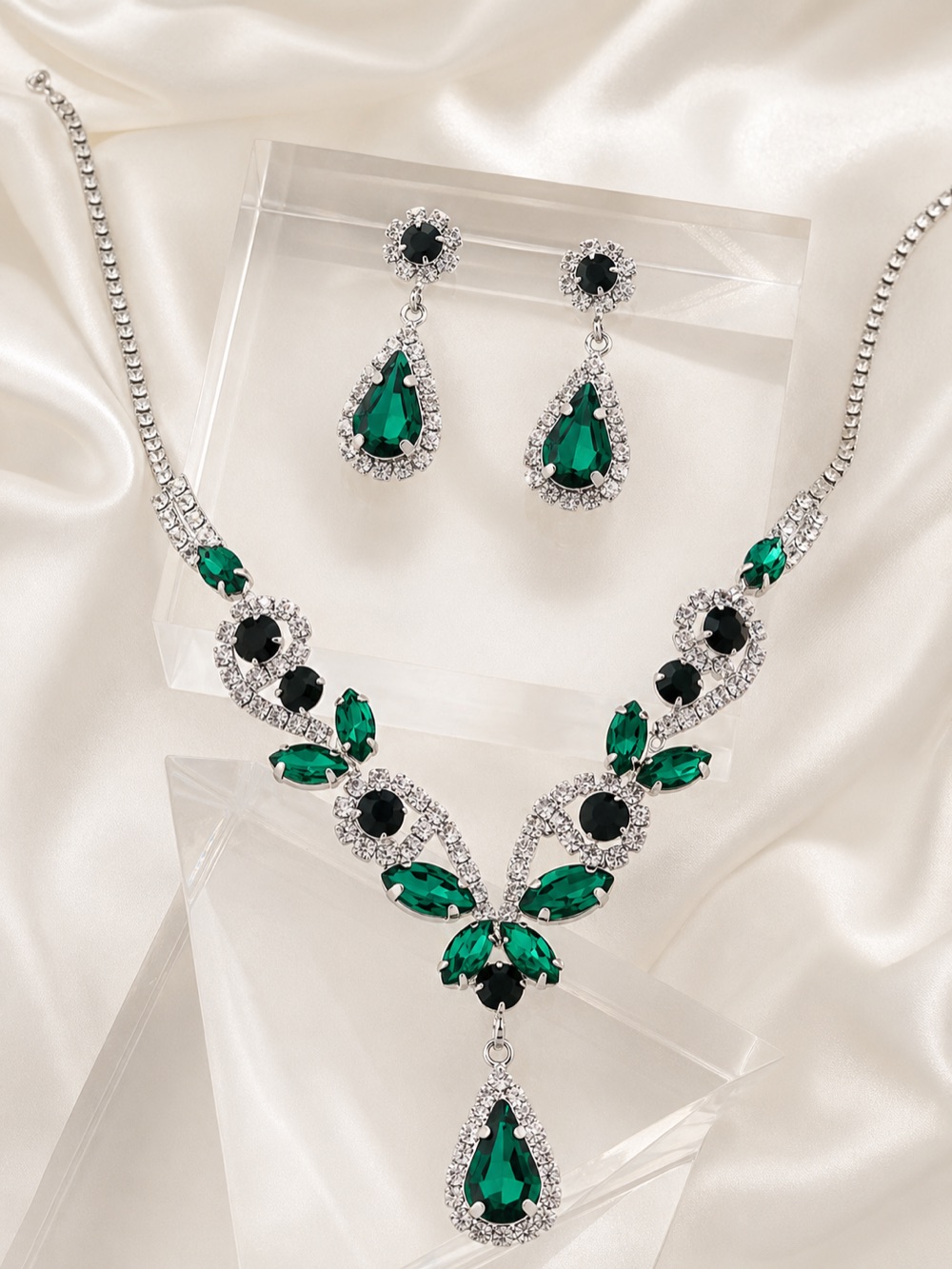 Emerald Green Crystal Statement Necklace & Earring Set