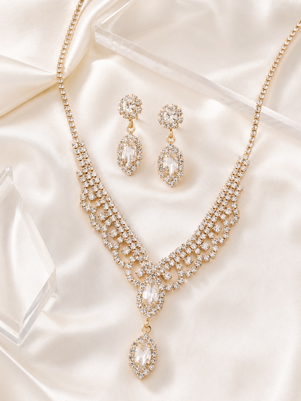 Champagne Gold Crystal Drop Necklace & Earring Set