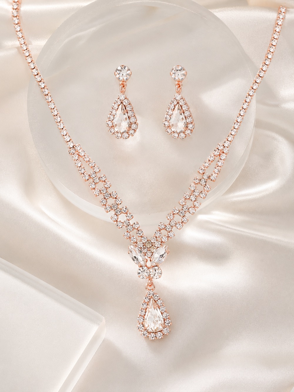 Rose Gold Crystal Drop Necklace & Earring Set